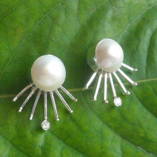 10mm Pearl earrings, Freshwater cultured pearl silver artisan earrings