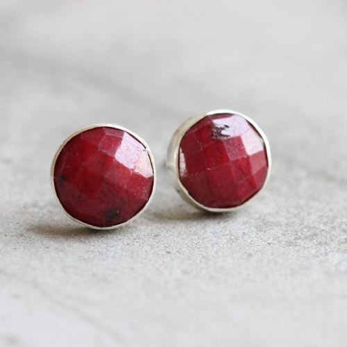 10mm ruby stud earrings, Genuine round ruby silver studs