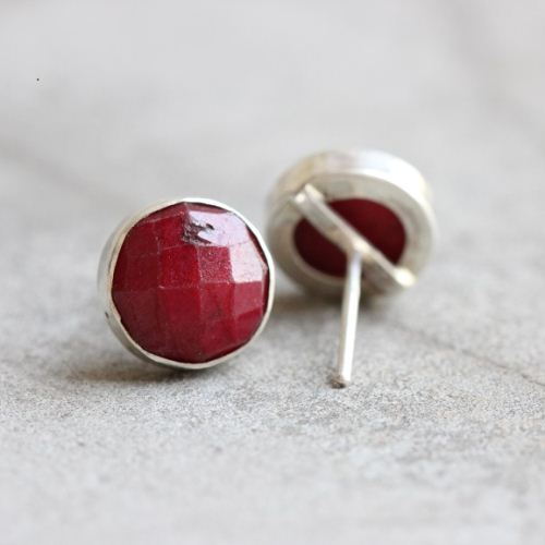 10mm ruby stud earrings, Genuine round ruby silver studs