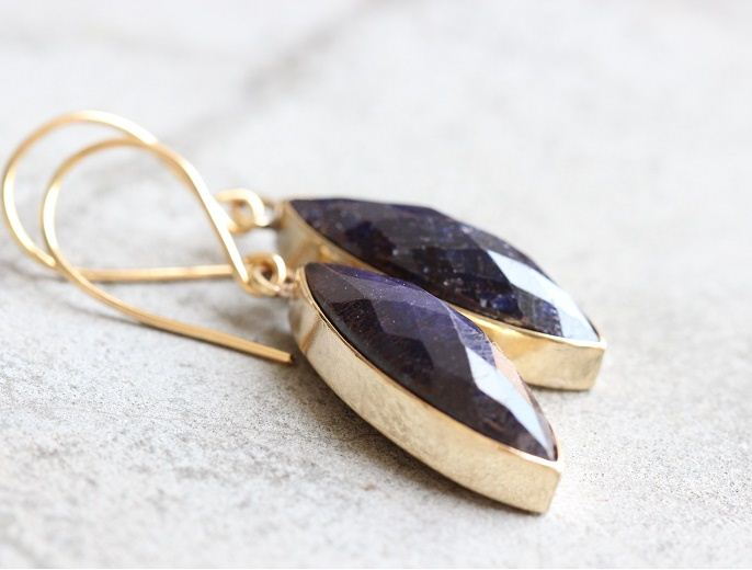 14K Gold Blue sapphire earrings - Dangler earrings - Gemstone earrings