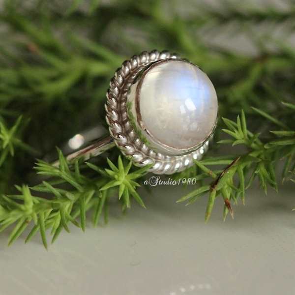 14K white gold moonstone ring - dainty gold ring - engagement 