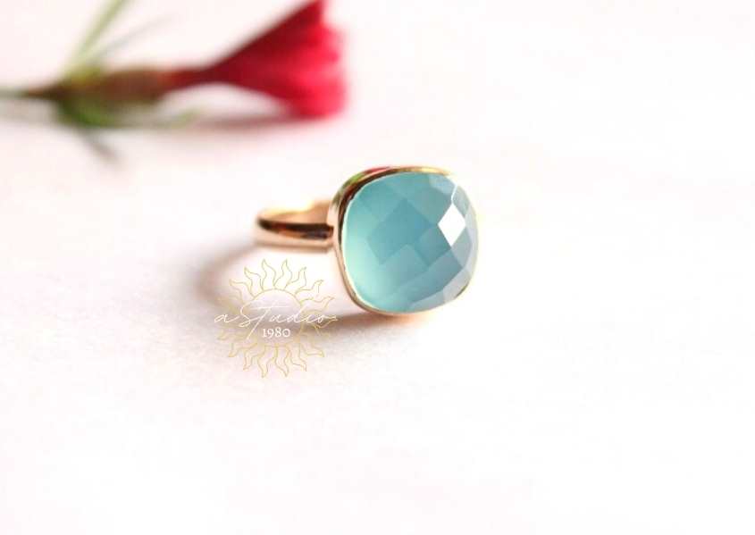 14k Gold Aqua Chalcedony Ring, Artisan handmade ring