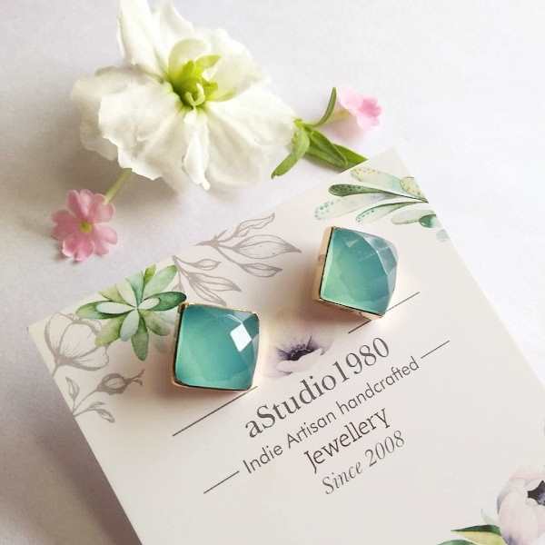 14k Gold Aqua Chalcedony stud, Artisan handmade earrings
