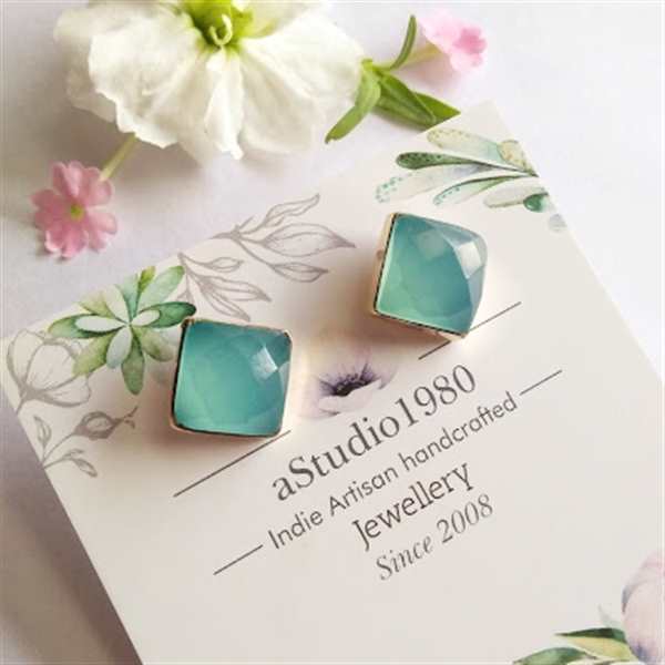 14k Gold Aqua Chalcedony stud, Artisan handmade earrings