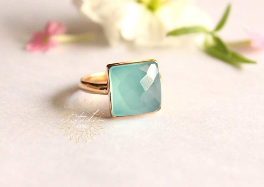 14k Gold Aqua Chalcedony Ring, Artisan handmade ring
