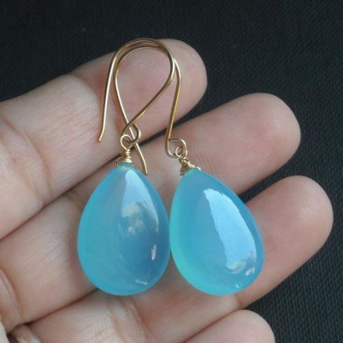 14k gold filled earrings - Aqua chalcedony drop earrings - Hook