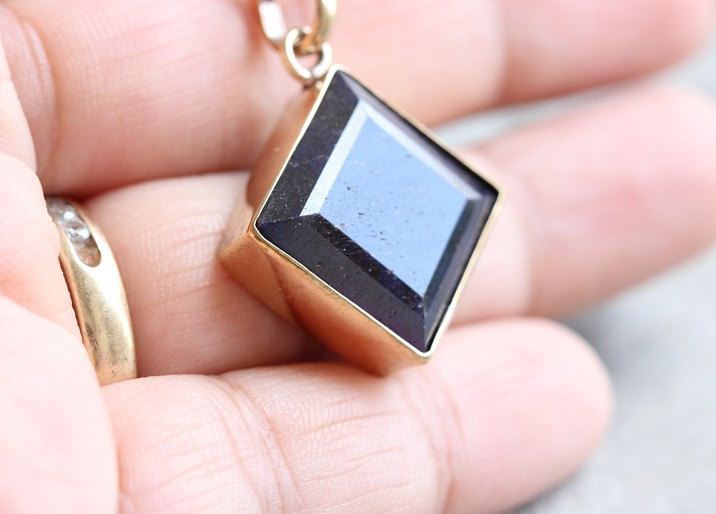 14k gold sapphire pendant necklace, Artisan square pendant