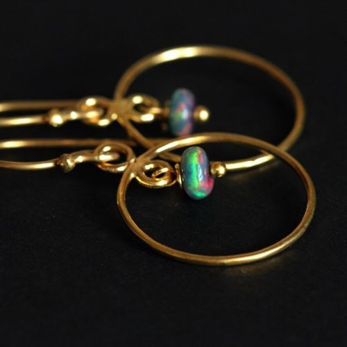 18K Gold Opal Earrings - Bridal Opal Earrings - Artisan circle Earring