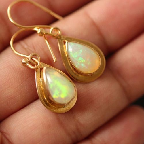 18K Gold opal earrings, Natural opal earrings, Artisan earrings