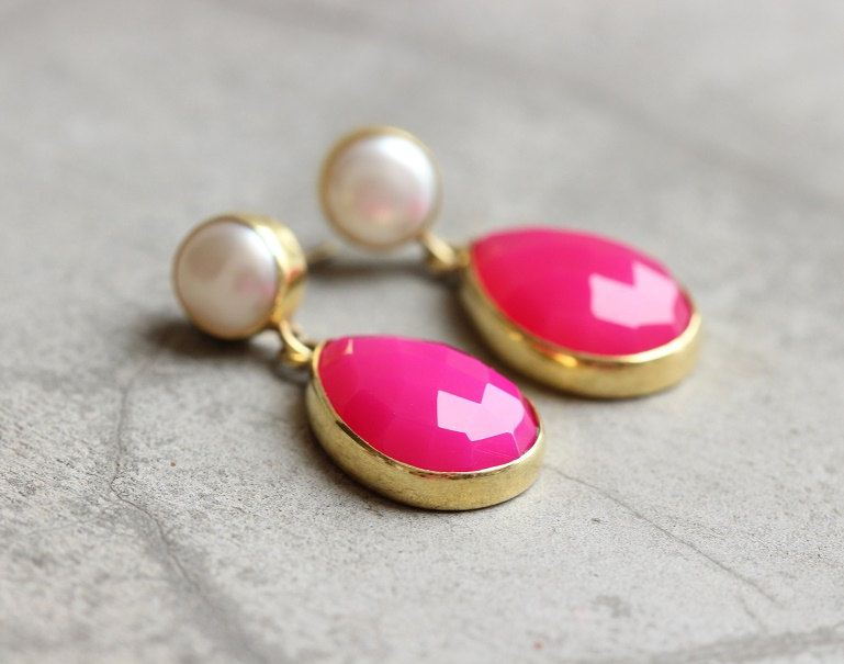 18K Gold Pearl chalcedony Earrings, Wedding bridal earrings 