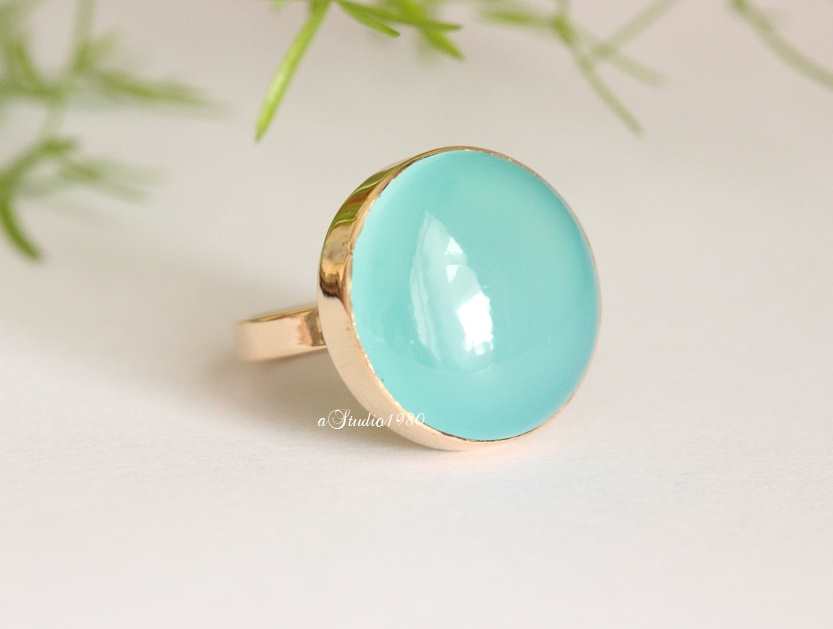 18k Gold Aqua Chalcedony round Gold Ring, Artisan handmade ring