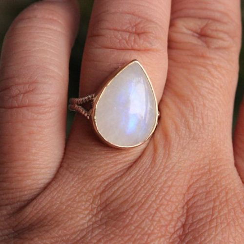 18k Gold Dual Tone Rainbow Moonstone ring - 925 silver drop ring