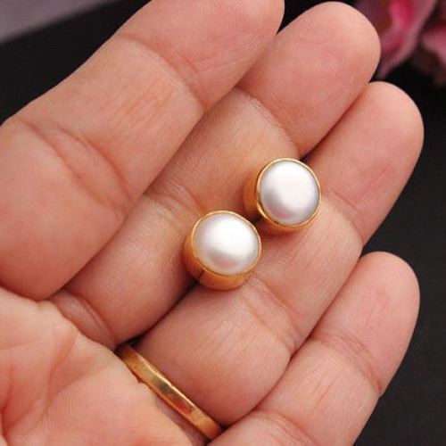 22k Gold Pearl Stud Earrings, Yellow gold earrings gift