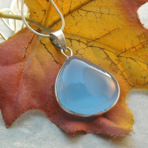 22mm drop aqua blue chalcedony pendant necklace chain, Silver jewelry