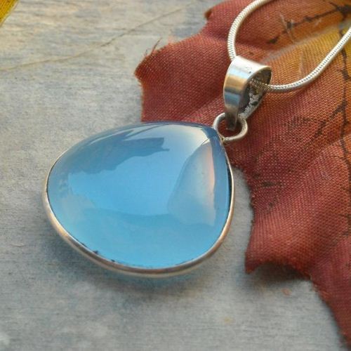 22mm drop aqua blue chalcedony pendant necklace chain, Silver jewelry