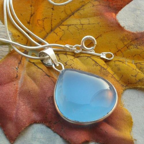 22mm drop aqua blue chalcedony pendant necklace chain, Silver jewelry