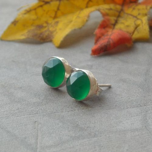 8mm green chalcedony stud earrings, Small round silver studs