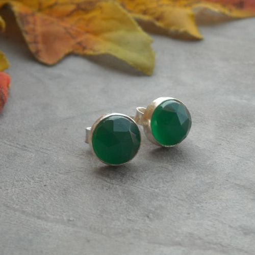 8mm green chalcedony stud earrings, Small round silver studs