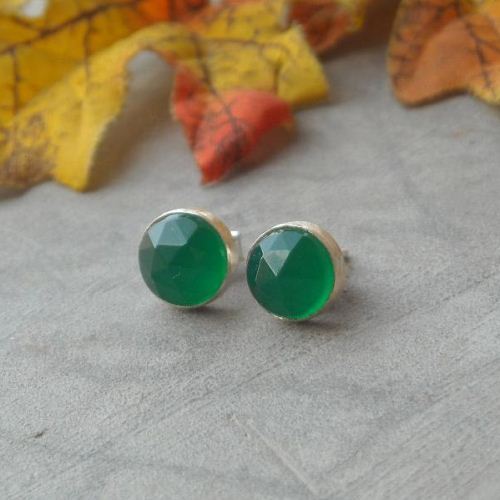 8mm green chalcedony stud earrings, Small round silver studs