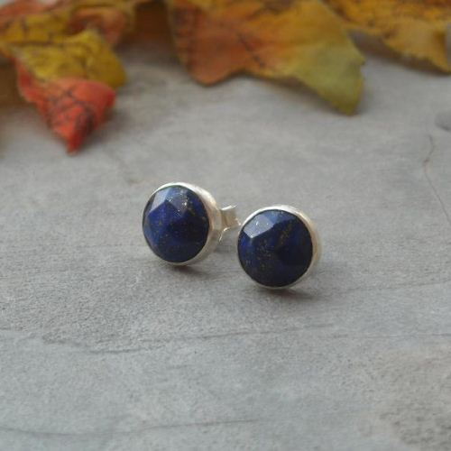 8mm lapis lazuli stud earrings, Denim lapis silver earrings