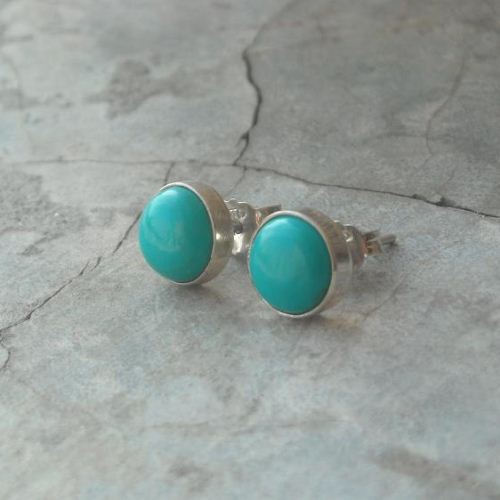 8mm turquoise stud earrings, 925 sterling silver artisan earrings