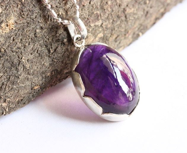 February birthstone pendant, Natural purple amethyst silver jewelry