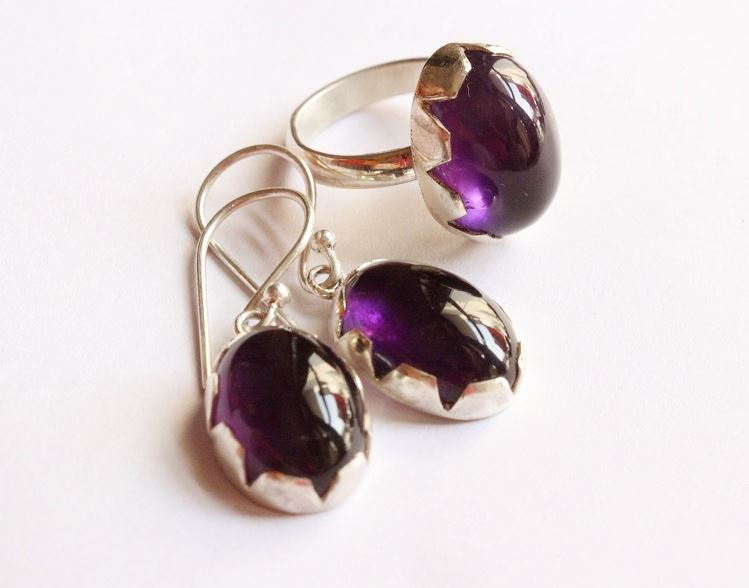 Amethyst ring earrings set - Bridal silver set - Birthstone gift