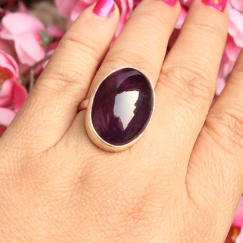 Amethyst ring, Cabochon ring, Silver purple gemstone ring