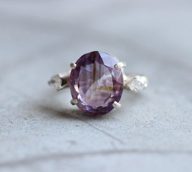 Amethyst ring, White topaz ring, Prong set purple silver ring