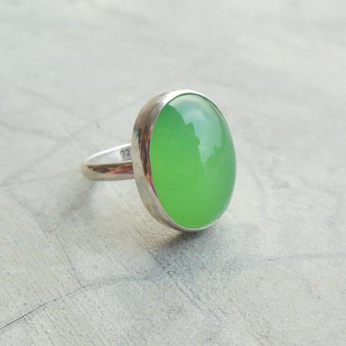 Apple green oval chalcedony ring, Oval gemstone silver ring