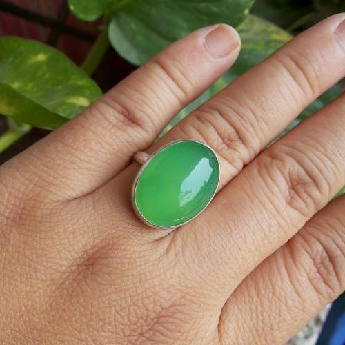 Apple green oval chalcedony ring, Oval gemstone silver ring