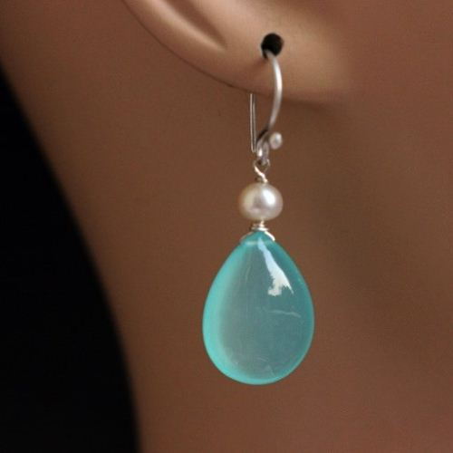 Aqua Blue earrings, Pearl earrings, Chalcedony dangle silver earrings