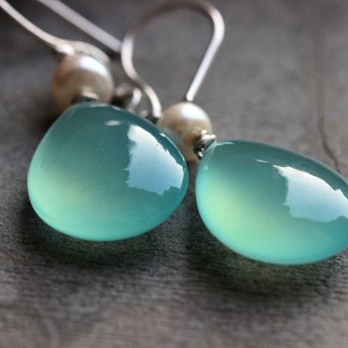 Aqua Blue earrings, Pearl earrings, Chalcedony dangle silver earrings
