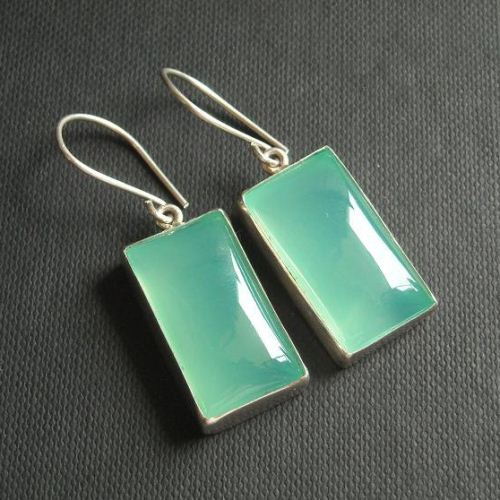 Aqua blue Chalcedony Earrings, Rectangle silver earrings