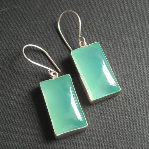 Aqua blue Chalcedony Earrings, Rectangle silver earrings