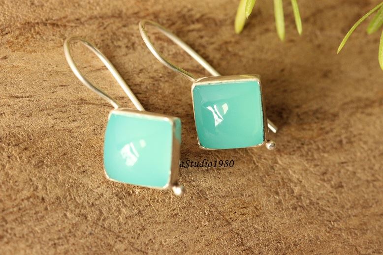 Aqua blue chalcedony earrings, Silver dangle earrings, Square stone