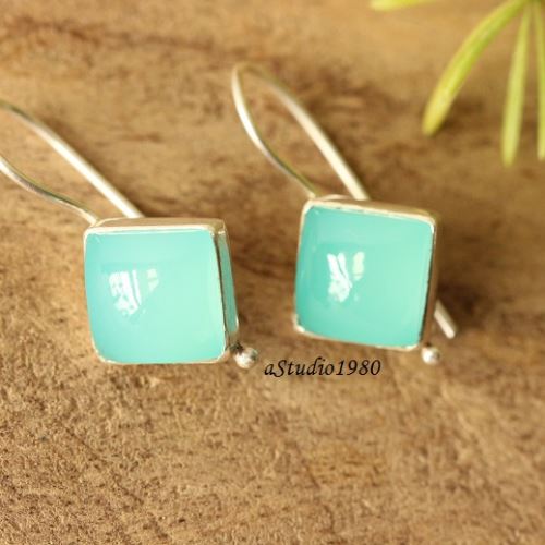 Aqua blue chalcedony earrings, Silver dangle earrings, Square stone