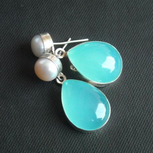 Aqua blue chalcedony earrings, Pearl stud silver earrings