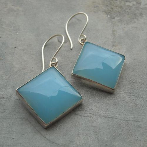 Aqua blue chalcedony earrings, Silver dangle earrings, Square stone