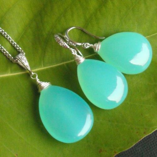 Aqua blue chalcedony pendant earrings set, Wire wrapped silver set