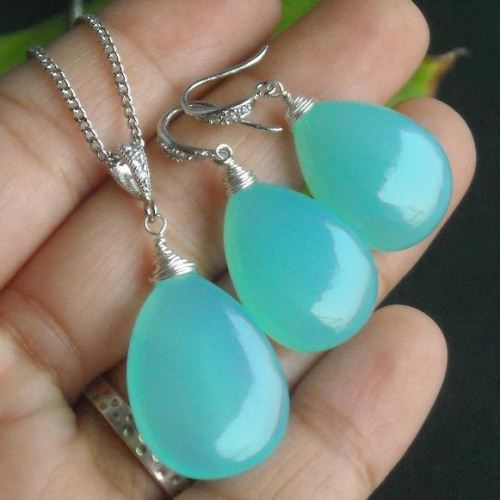 Aqua blue chalcedony pendant earrings set, Wire wrapped silver set