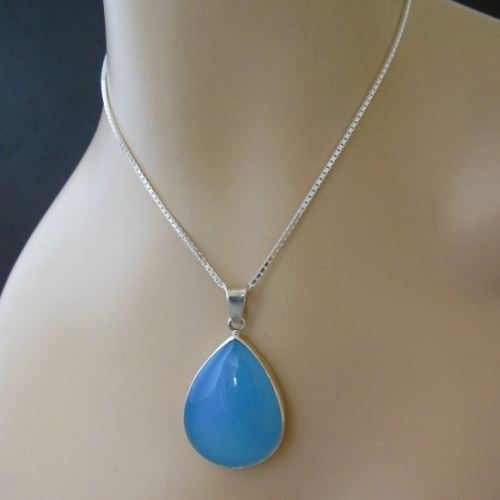 Aqua blue chalcedony pendant necklace, Tear drop silver pendant chain