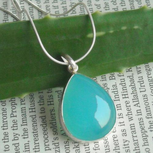 Aqua blue chalcedony pendant necklace - Sterling silver pendant chain