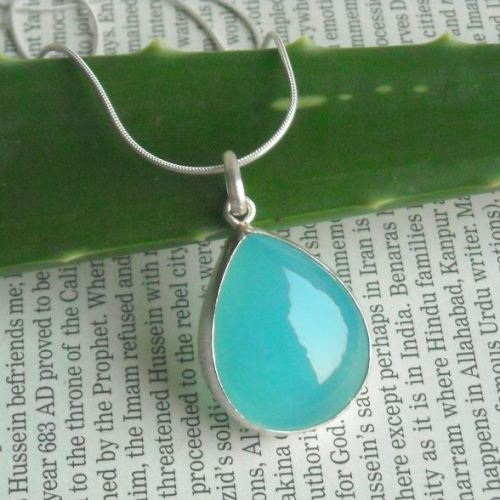 Aqua blue chalcedony pendant necklace - Sterling silver pendant chain