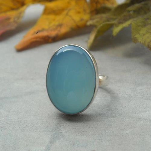 Aqua blue chalcedony ring, 20mm x 16mm oval cab sterling silver ring