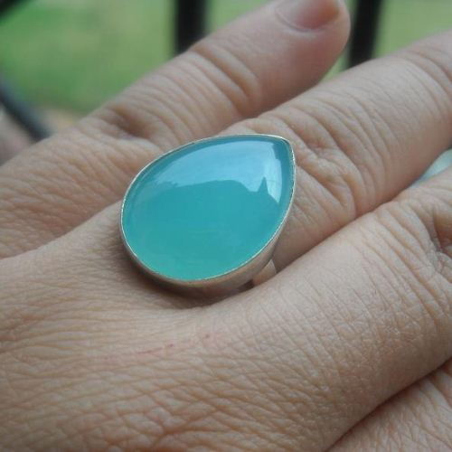 Aqua blue chalcedony ring - Sterling silver gemstone ring - Tear drop