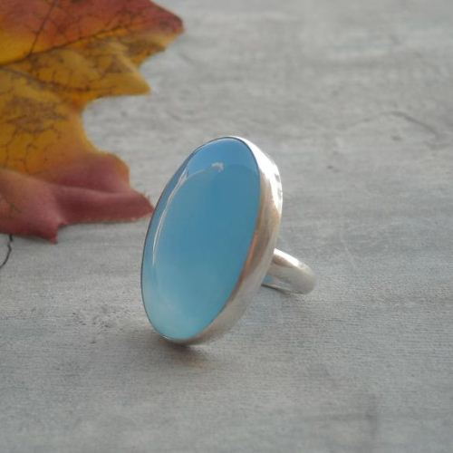 Aqua blue chalcedony ring, large blue stone silver ring