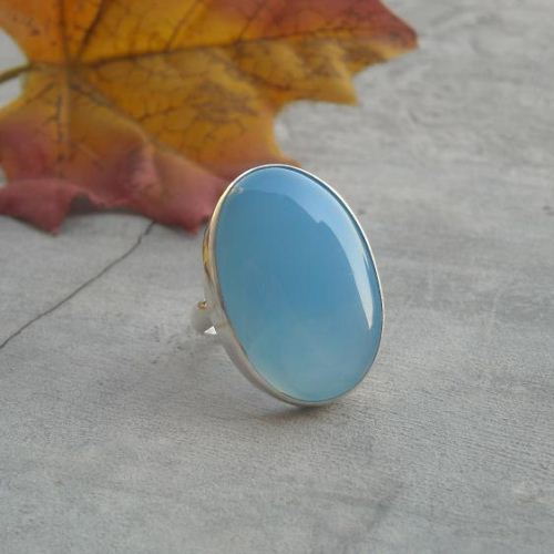 Aqua blue chalcedony ring, large blue stone silver ring