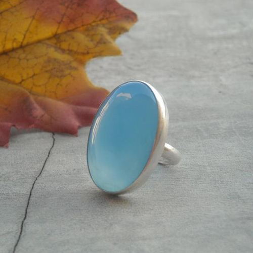 Aqua blue chalcedony ring, large blue stone silver ring