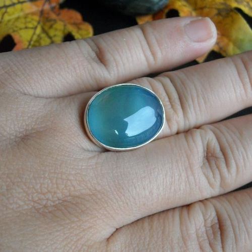 Aqua blue chalcedony ring, Oval gemstone handmade silver ring